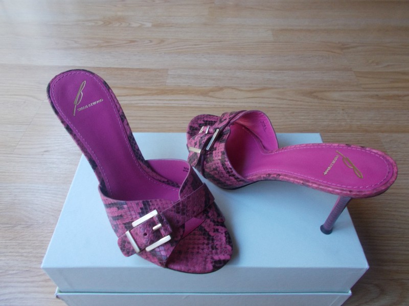 $295 Brian Atwood Maritima Snake Print Sandals Mules Pink Buckle Heels sz 8 NEW