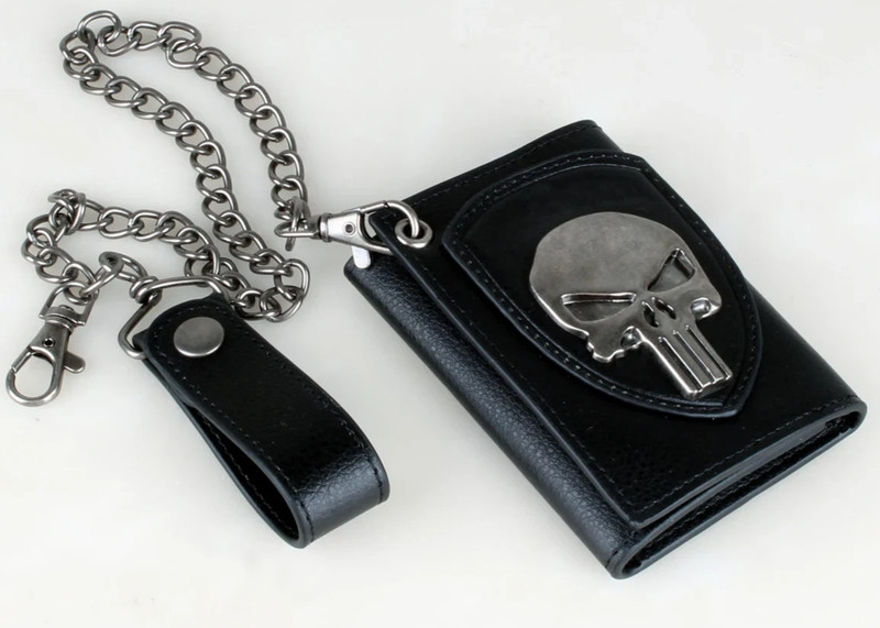Punisher Themed Mixed Materials Trifold WALLET With Metal logo & Chain