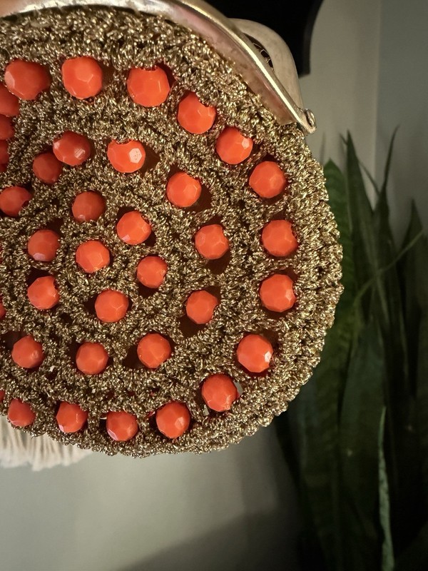 VTG 50s Delill Beaded Crochet Coin Purse Gold Orange MCM Boho Hollywood Regency gallery