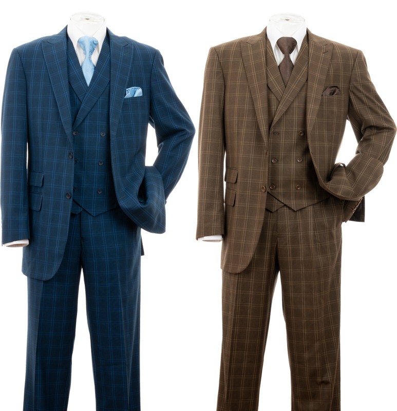 Men’s wool feel Two Button Jacket with Vest Single pleated pants Check Design V7