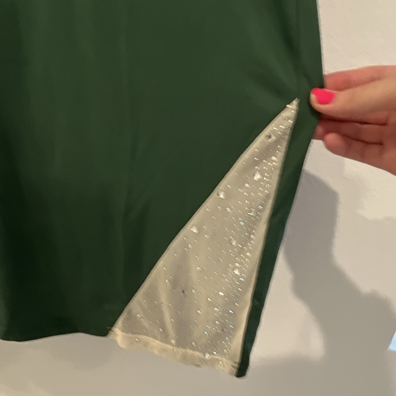 Women’s Green V-Neck Mini Dress XL Long Sleeve Sheer Mesh Feather Sequin Cuffs gallery