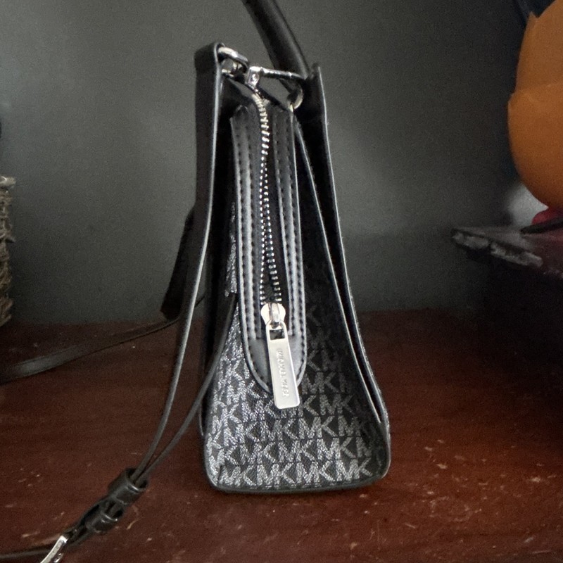 Michael Kors Medium Logo Satchel Zip Black Gray Silver Detach Adjustable Strap gallery