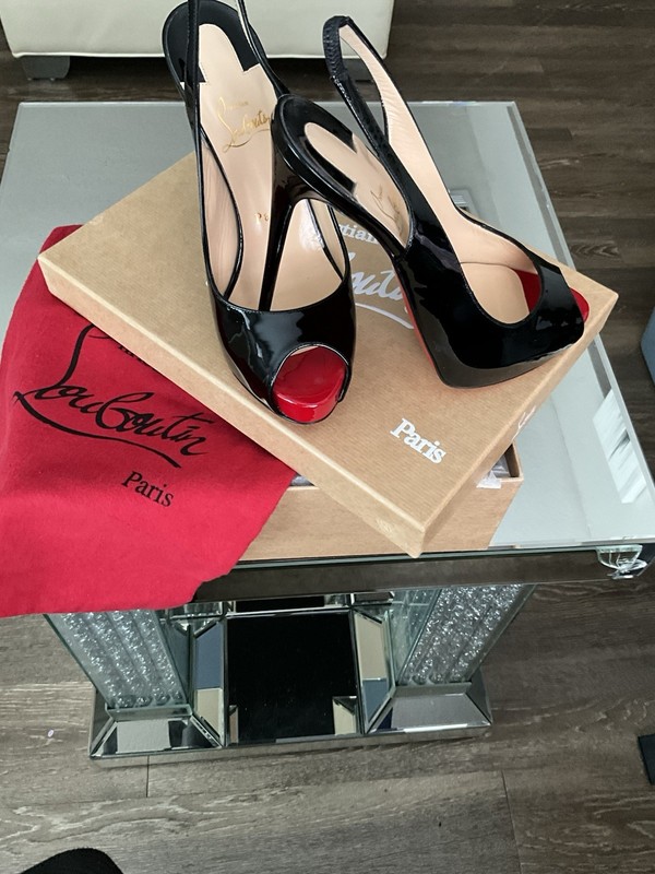 Christian Louboutin Black Red Patent Leather Peep Toe Slingback Stiletto, US7