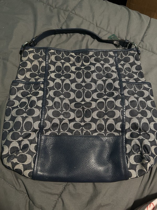 Coach Signature Monogram Shoulder Bag Purse Blue/Gray Zip Bag Charm Medium gallery
