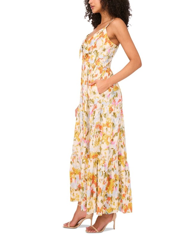 MSK Printed V-Neck Sleeveless Tiered Maxi Dress Women S Green Olive Zip Closure gallery