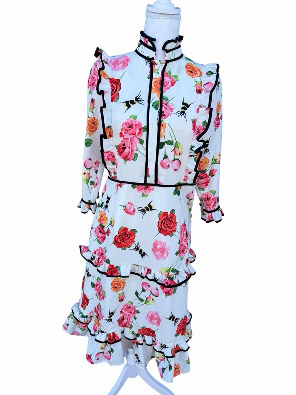 Rose & Bees Ruffle Dress M Floral Poplin Victorian Prairie Gucci Inspired