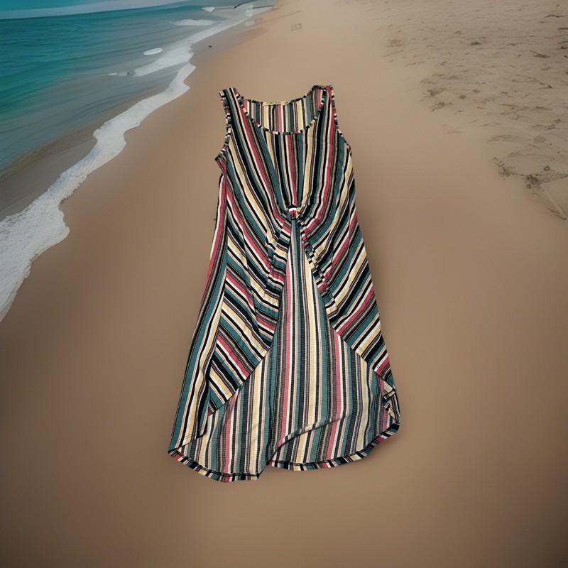 LibertyLove Small Striped Tie Front Tunic Tank Top Boho Sleeveless Sharkbite Hem