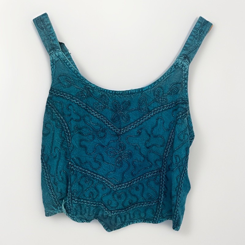 Bohemian Renaissance Fair Embroidered Crop Top Small Teal Hippie Fairy Festival
