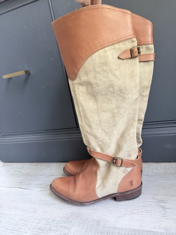 Frye Canvas Riding Boots Womens 9 Tan Leather Canvas Tall Boots gallery