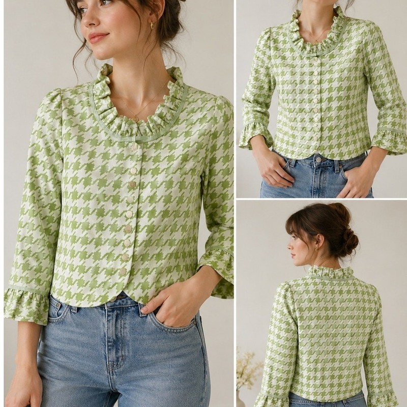 Vintage 1960s Carol Brent Green Mod Jacket Blouse Ruffle Collar Bell Sleeves XS