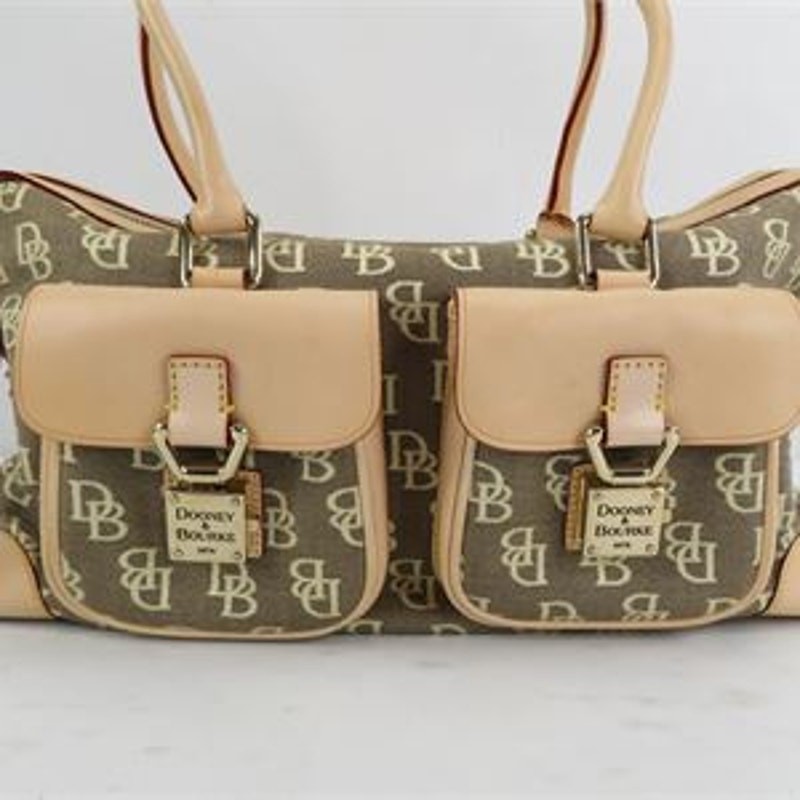 Dooney & Bourke Signature DB Monogram Pocket Satchel Tan Brown Leather Trim