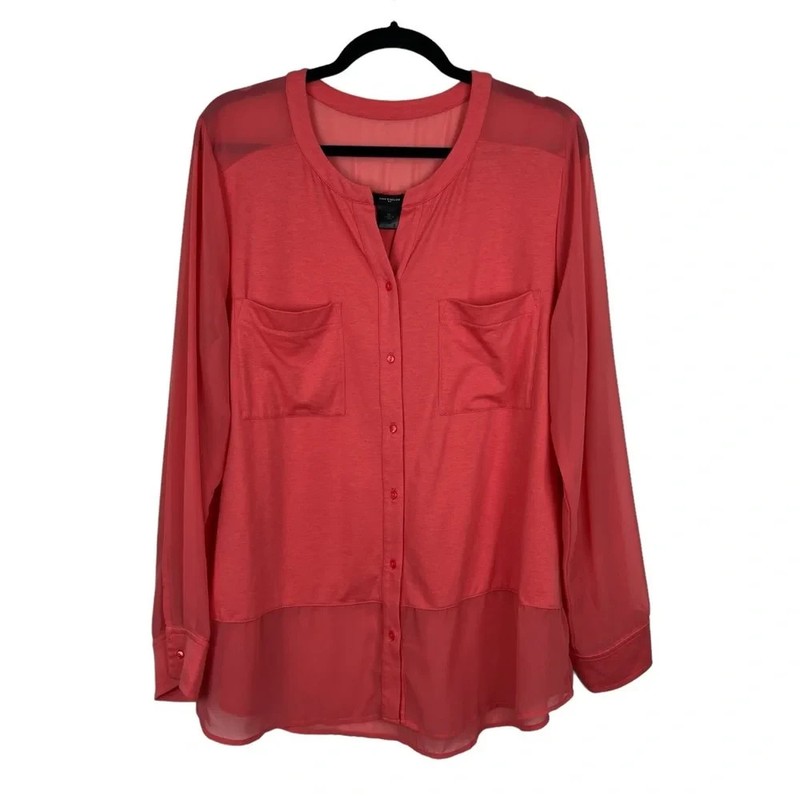Ann Taylor Coral Button-Up Blouse, Opaque sleeves