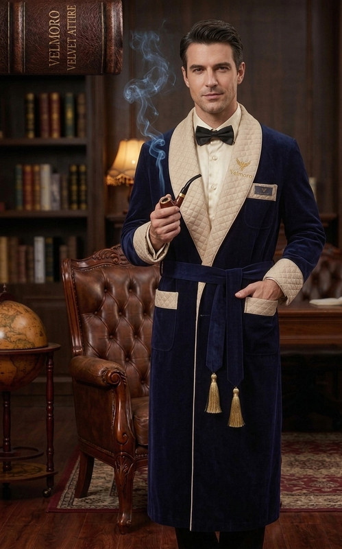 Velmoro Luxury Men Velvet Smoking Robe Navy Blue Quilted Silk Dressing Gown
