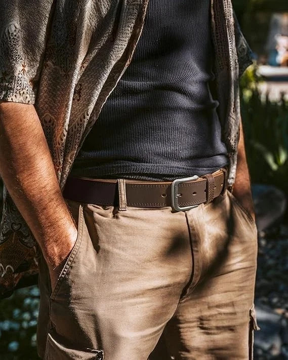 Men's Genuine FULL GRAIN Leather Belt, Brown Zinc Alloy Pin Buckle Size 28-46 gallery