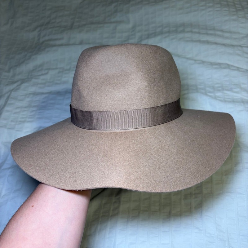 Wide Brim Fedora Women OS Taupe Tan Wool Felt Boho Floppy Hat Ribbon