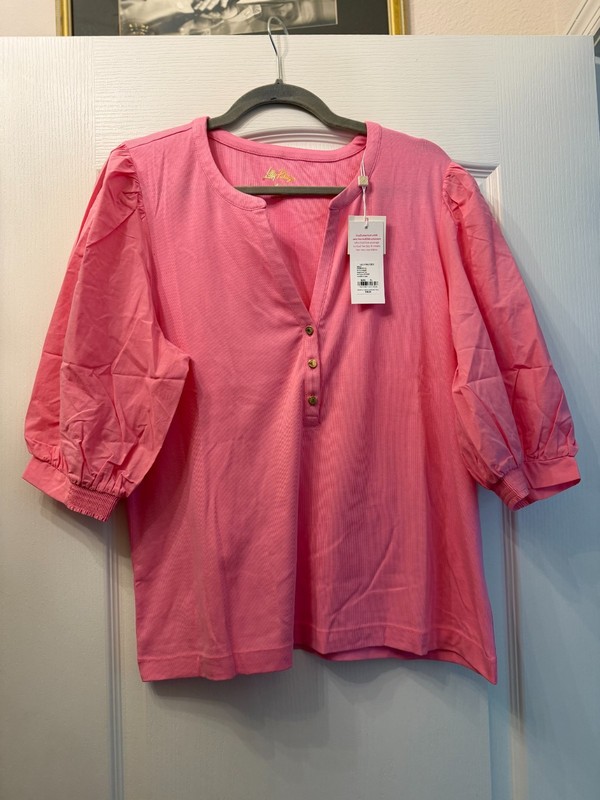 NWT Lilly Pulitzer Ronson Knit Top Confetti Pink Size XL Split V Neck