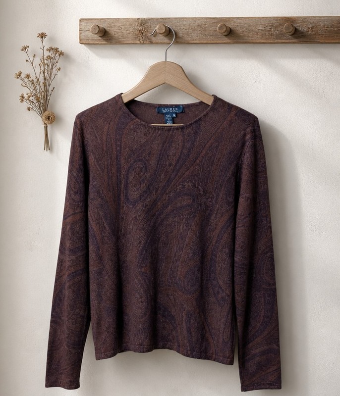 Lauren Ralph Lauren Women’s XL Silk Cashmere Brown Paisley Crew Neck