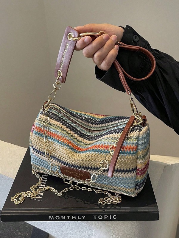 New Spring Summer Contrast Striped Woven Straw Shoulder Bag, Fashion Letter gallery