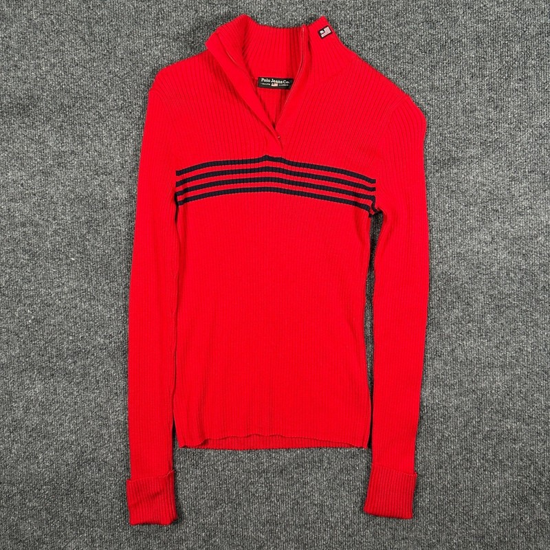 Polo Jeans Co Ralph Lauren Red Ribbed 1/4 Zip Sweater Navy Stripes Womens Size S