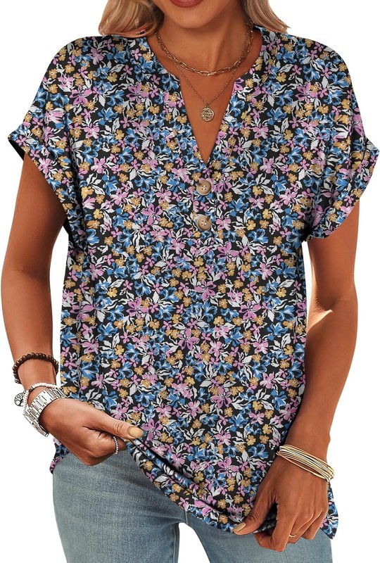 Womens Henley V Neck Short Sleeve Loose Fit Casual Summer Tunic Blouse Top gallery
