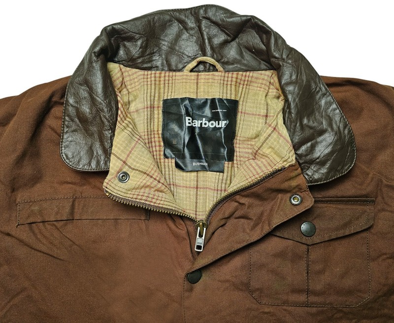 HOT Men’s BARBOUR @ BUSHMAN PARKA LEATHER Collar Trim LINED BROWN WAXED Jacket L