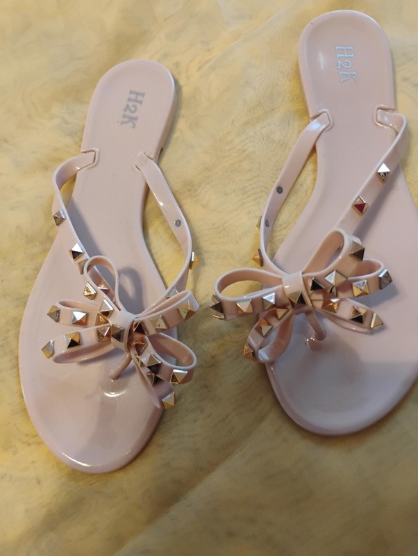 H2K Women's Light Peach Bow Studded Jelly Flip Flops Sandals Size 10 gallery