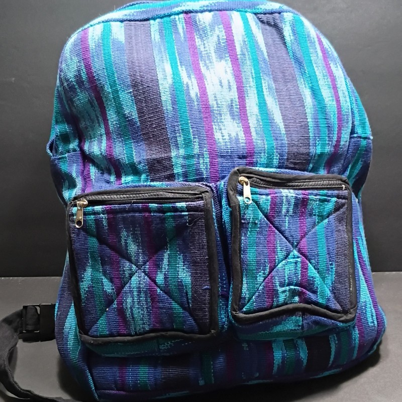 Colorful Striped Backpack Zip Closure w/ Pockets Blue Teal Purple Black