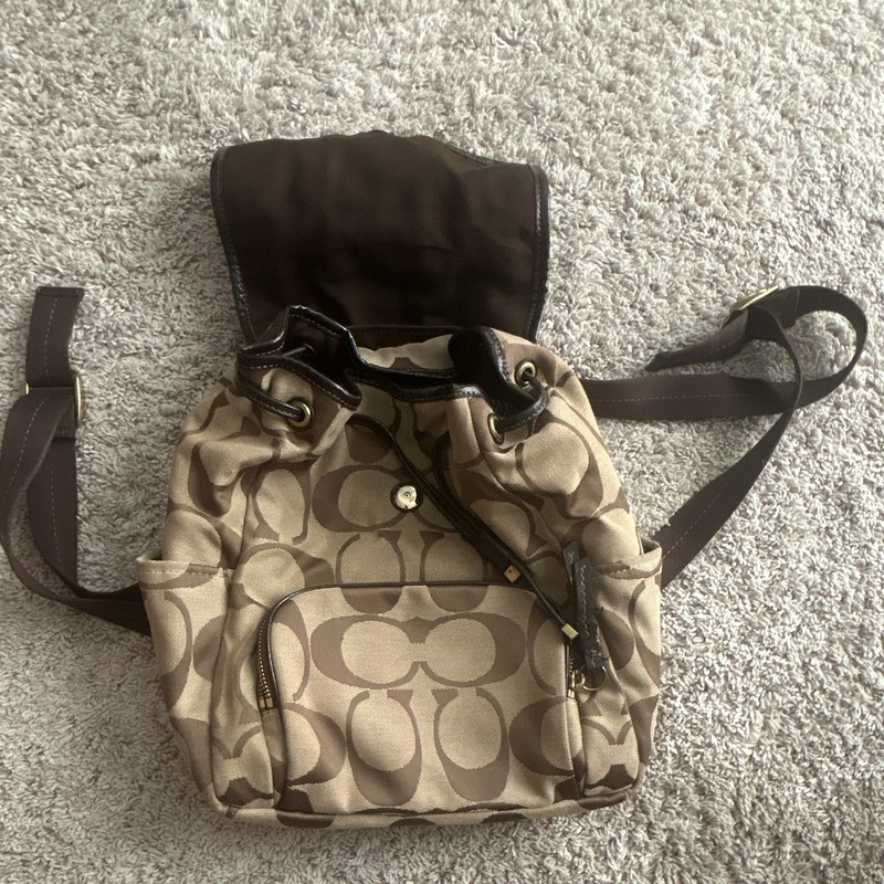 Coach Women’s Brown/Beige Logo Drawstring & Zip Backpack, Outer Pockets
