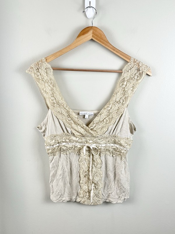 Moa Moa Vtg Y2K Babydoll Top Lace Sleeveless Bow Beige Sz Lg Made In USA