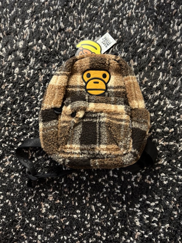 BAPE Baby Milo Store Mini Backpack Plaid Boa Fleece Brown Sherpa NWT