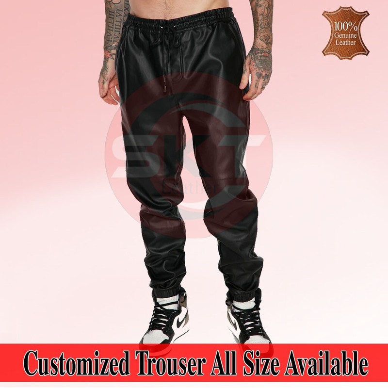 Men’s Leather Real Black Lambskin Leather For Men’s Sweat Pants/Jogger trousers