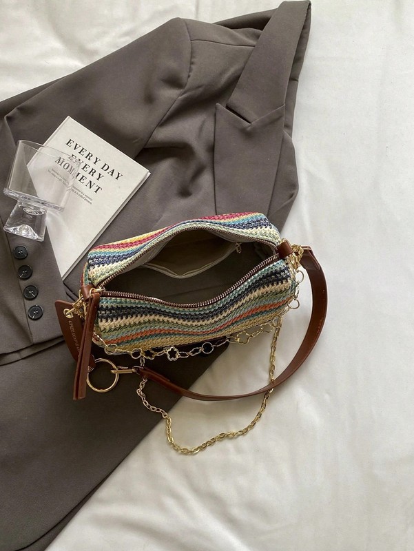New Spring Summer Contrast Striped Woven Straw Shoulder Bag, Fashion Letter gallery