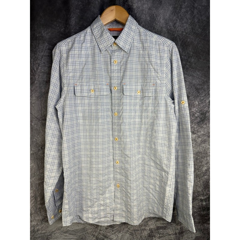 Orvis Button Down Shirt Mens Small Blue Gingham Plaid Tech Hiking Fishing Travel