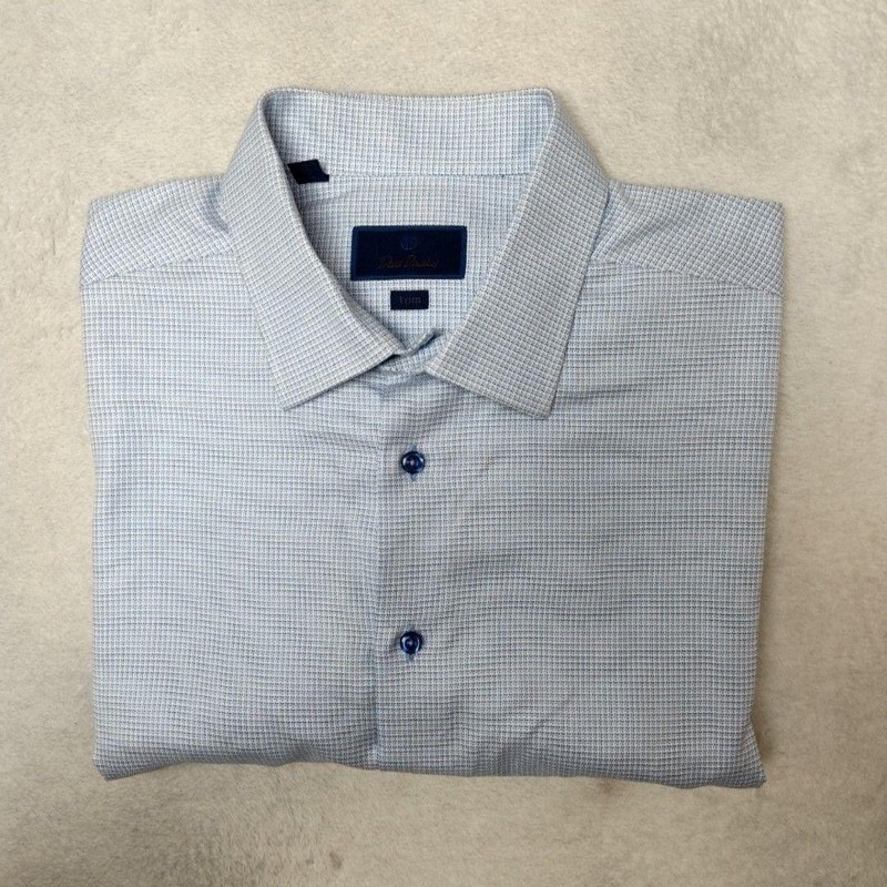 David Donahue Shirt Mens 18.5 36/37 Blue Check Spread Collar Slim Cotton