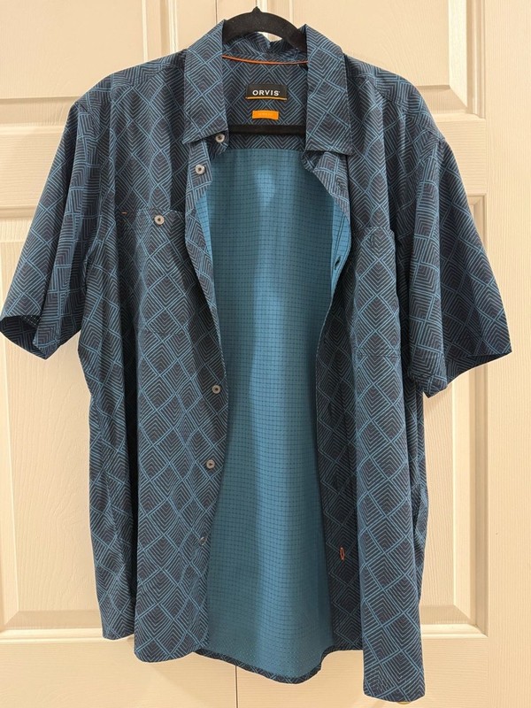 Orvis Active Fit Button Front Shirt Large Blue Geometric Stretch Outdoor Travel gallery