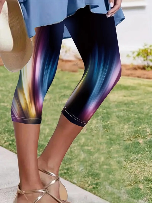 Graphic Colorful Print High Waist Capri Leggings Casual Skinny Stretchy Gym NWT