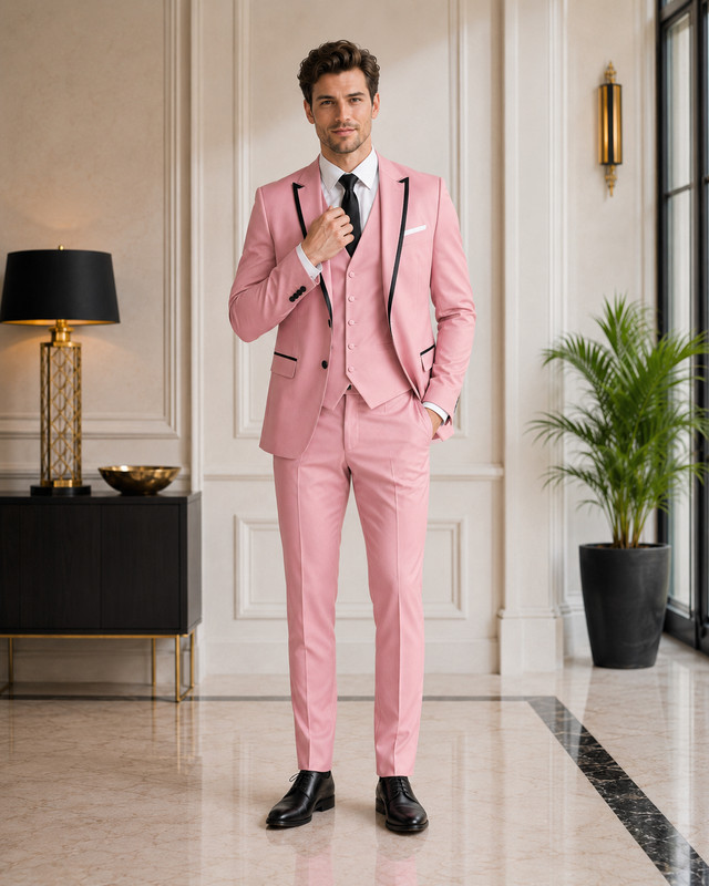 Mens Pink 3 Piece Suit Black Trim Blazer Vest Pants Wedding Prom Formal Tuxedo gallery