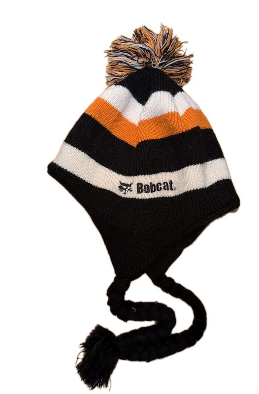 Bobcat Adult Winter Beanie Hat Ear Flaps Embroidered Logo Pom One Size Striped