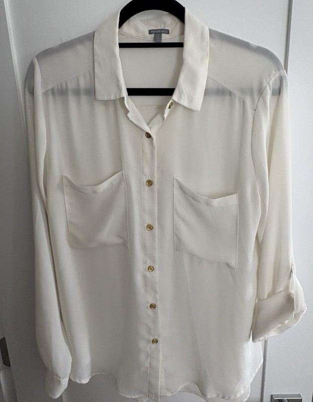 Charlotte Russe Collared Blouse-Creme-Gold Button Sleeves for Rolling Up-Large