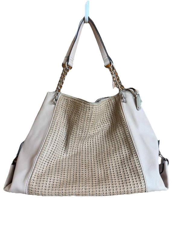 Enzo Angiolini Beige Shoulder Bag Woven Accent Tote Purse Chain Strap Large