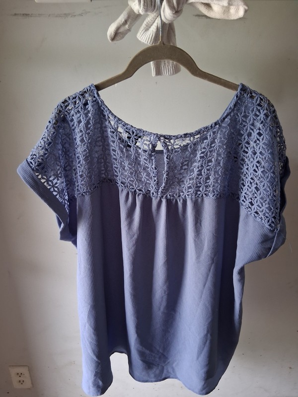 rue21 Women's Plus 1X Blue Solid Lace Crochet Yoke Scoop Neck Button Blouse gallery