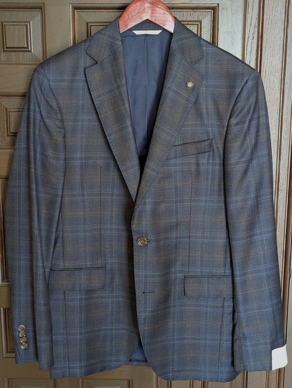 JACK VICTOR Esprit 100% Wool Super 130s Sport Coat, Blue Plaid, Size 38 R NWOT