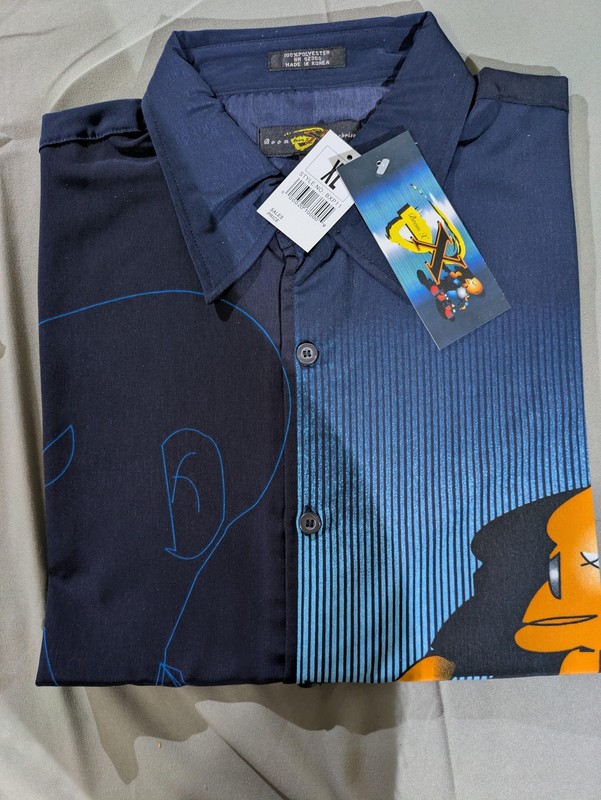 Vintage Boom X Shirt Men LG All Over Print Graphic Cartoon Button Front Blue NWT gallery