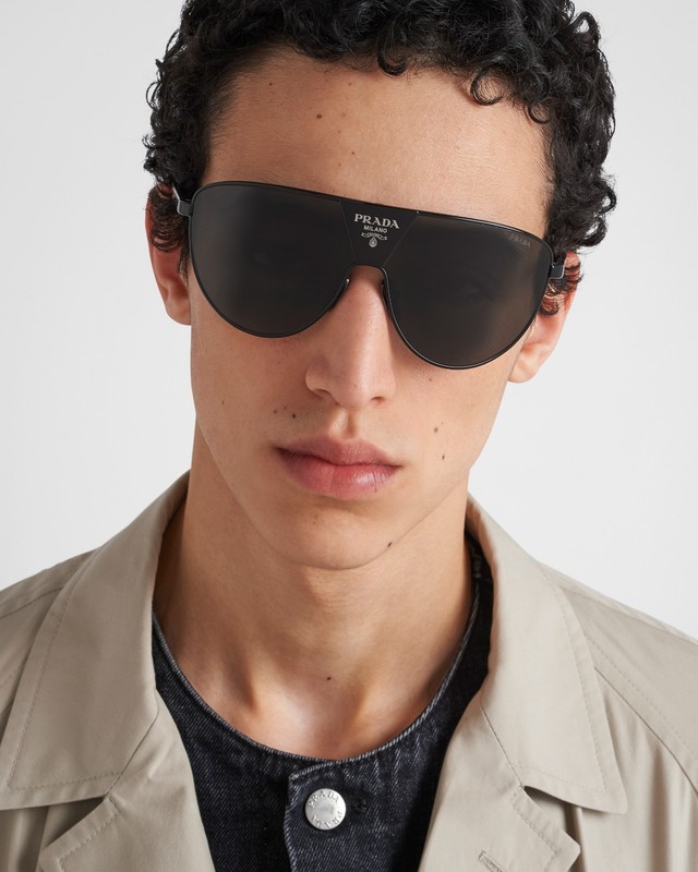 Prada PR 69ZS 5AK05V Shield Sunglasses Black Grey Lens Logo Unisex gallery