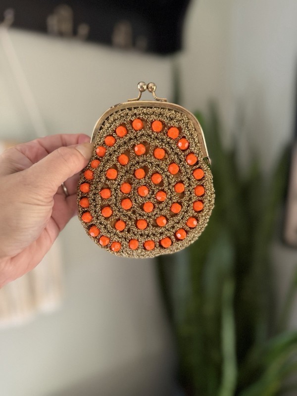 VTG 50s Delill Beaded Crochet Coin Purse Gold Orange MCM Boho Hollywood Regency gallery