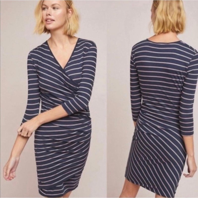 Anthro Sundry Size 0/XS Navy Red Stripe 3/4 Sleeve Fabian Wrap Dress