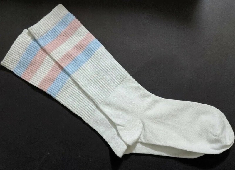 Unisex Adult Crew Socks Trans LGBT White Pink Light Blue Striped Pride 1 Pair