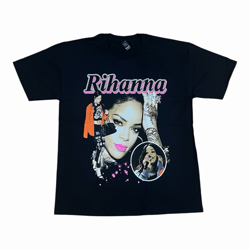 Black Rihanna Graphic Print Crew Neck Short Sleeve Cotton Blend T-Shirt L