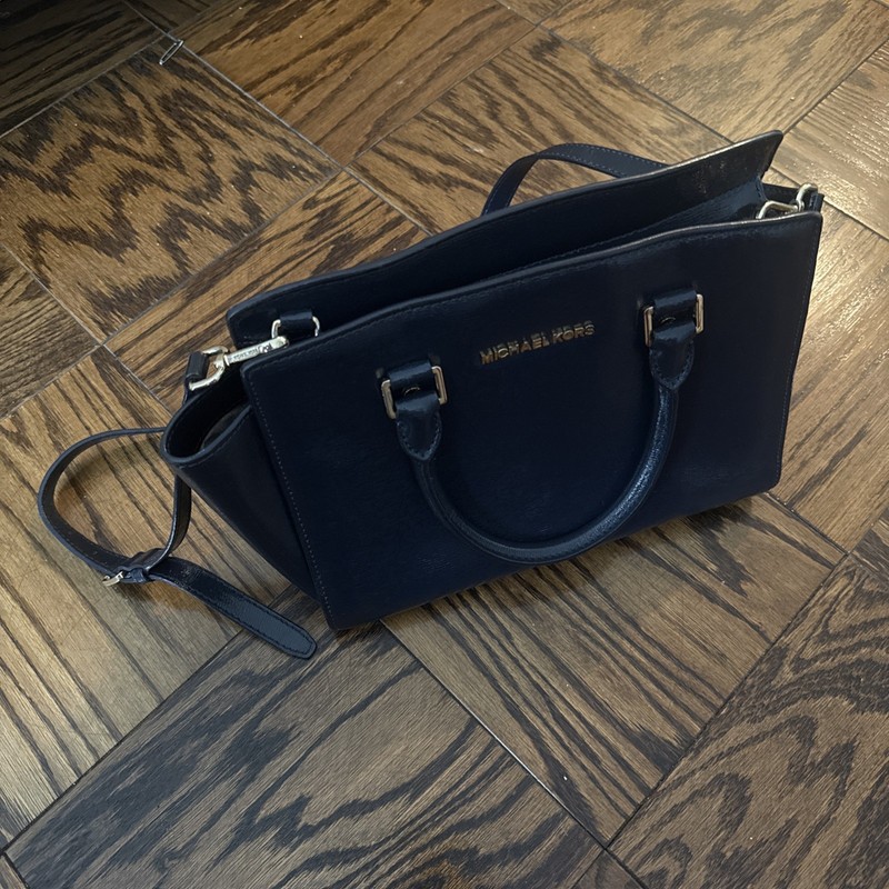 Michael Kors Selma Satchel 100% Saffiano Dark Blue Leather Crossbody Strap