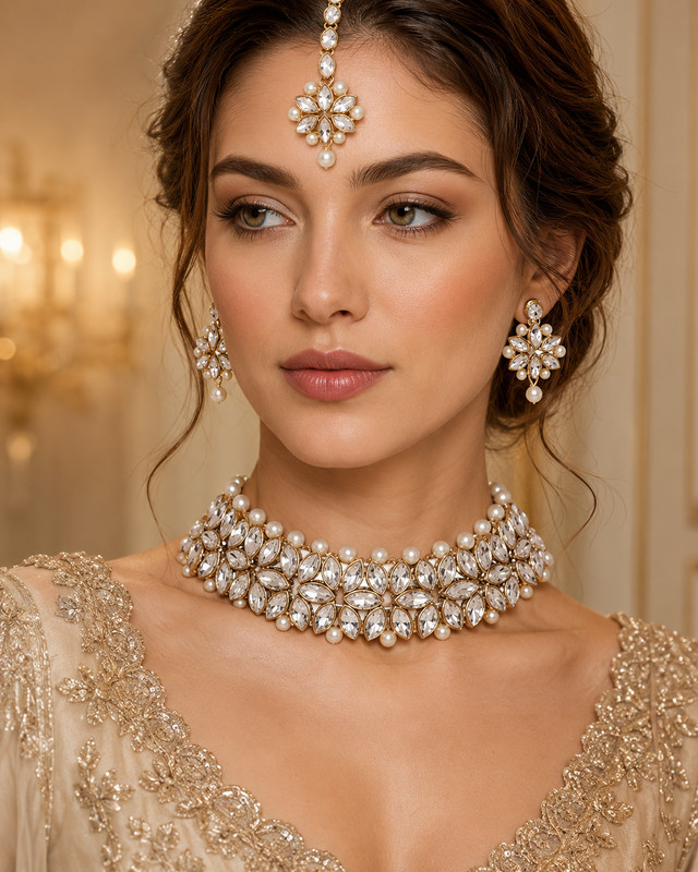 Indian Luxury Kundan Choker Necklace Set Earrings Maang Tikka Bridal Jewelry